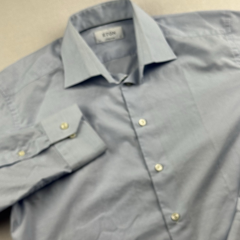 Eton Shirt Adult 16 L Blue Contemporary‎ Button Up Long Sleeve Embroidered Dots
